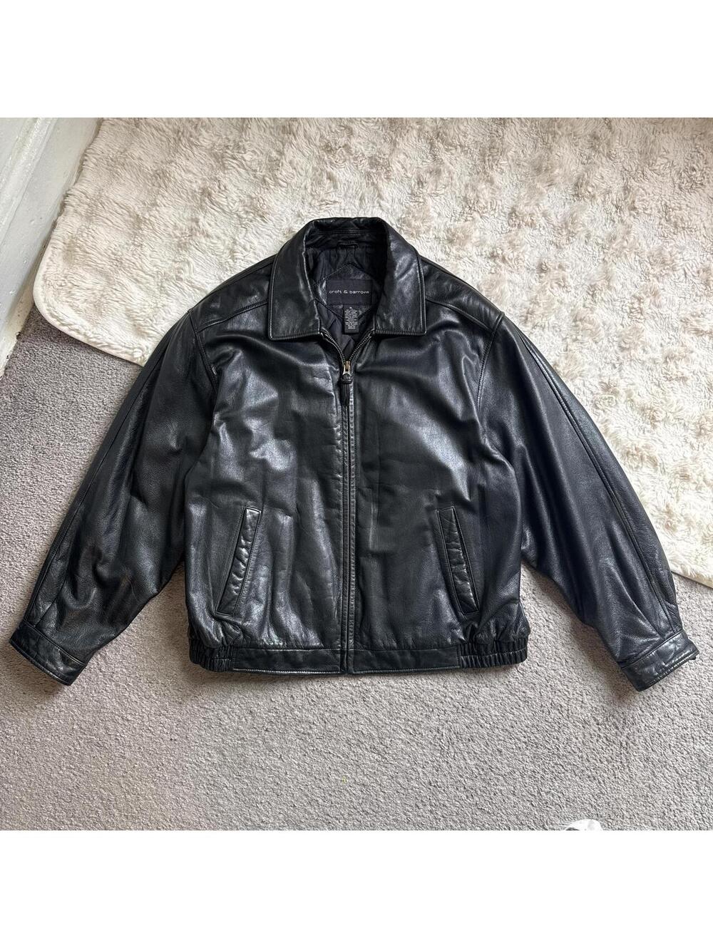 90s unisex Oversized Black Leather Bomber Jacket size XL